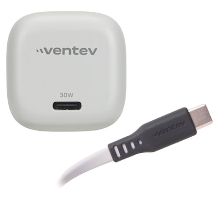 Ventev 30w Ultrafast Usb C Universal Gan Mini Wall Charger And Usb C To Usb C Cable, Gray WC30-CCBX-87438